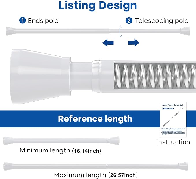Tension Rods 16 to 26 Inch White Tension Curtain Rod Small Tension Rod Adjustable Curtain Rod Spring Curtain Rods No Drilling Expandable Pressure Spring for Closet Kitchen Door