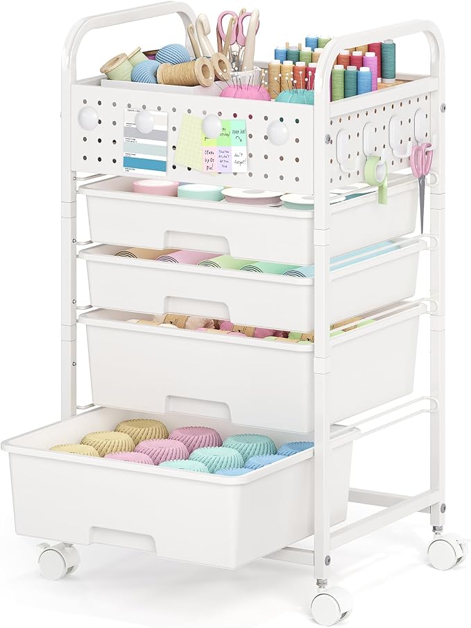 4 Drawer Rolling Storage Cart with Pegboard Top and Hooks, Mobile Organizer Cart with Wheels for Office Supplies, Craft Storage, Classroom Organization, Home Utility Cart, White