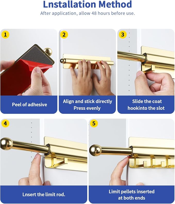 BaiNong Adhesive Valet Rod for Closets Pull Out 12" Gold with 8 Hooks | Multifunctional Closet Valet Rod Slide Out for Closets Belt Organizer for Closet Tie Rack Hanger for Closet Space-Saving