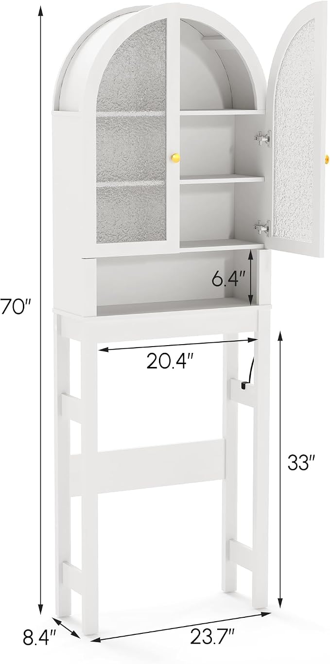 HMstone Over The Toilet Storage Cabinet, Arched Bathroom Organizer and Storage with Acrylic Doors and Adjustable Shelf, Space-Saving Freestanding Bathroom Modern Storage Cabinet Over Toilet, White
