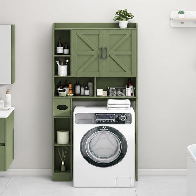 Vabches Over The Toilet Storage Cabinet with 2 Barn Doors, Green | Farmhouse Storage Cabinet with Toilet Paper Holder Stand，Home Space-Saving Toilet Rack, for Bathroom, Restroom, Laundry