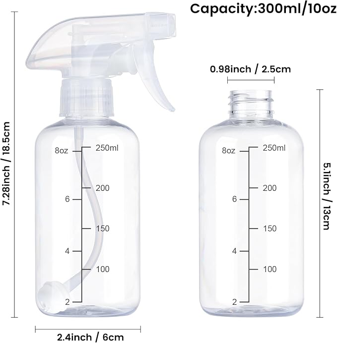 360° Spray Bottles 2 Pack 10oz Plastic Water Sprayer Small Squirt Bottle | Empty Water Spray Bottle Fine Mist Upside Down Containers with Adjustable Nozzle BPA Free for Hair Cleaning Cooking Plant Pet