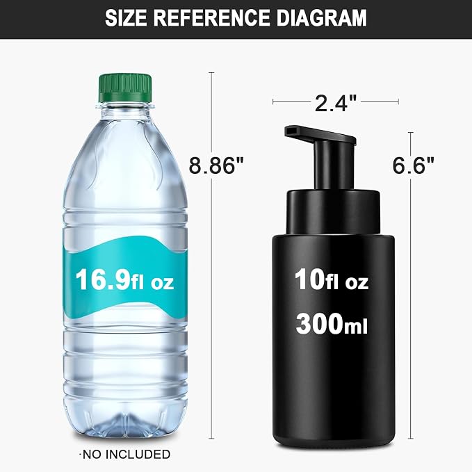 RYTOXILO Matte Black Foaming Hand Soap Dispenser, 10 oz/300ml Glass Foam Dispenser, 2 Pcs Foaming Soap Dispenser for Bathroom, Black Refillable Pump with Waterproof Labels