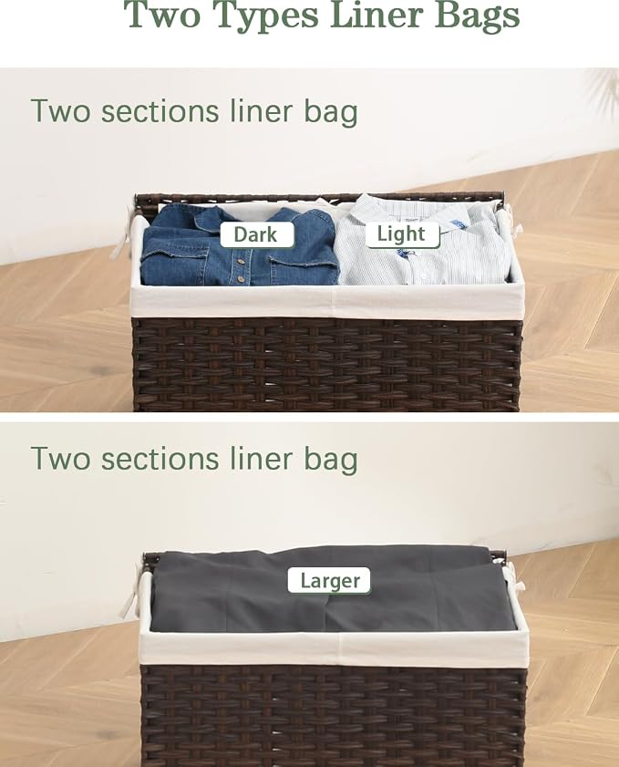 SETVSON Storage Basket with Lid Rattan Storage Basket with 2 Separate Lid, 27.8 Gallon (105 L) 25.2 * 15.4 * 16.1 Inches Woven Wicker Baskets with 2 Liners and Handles for Bedroom Laundry-Brown