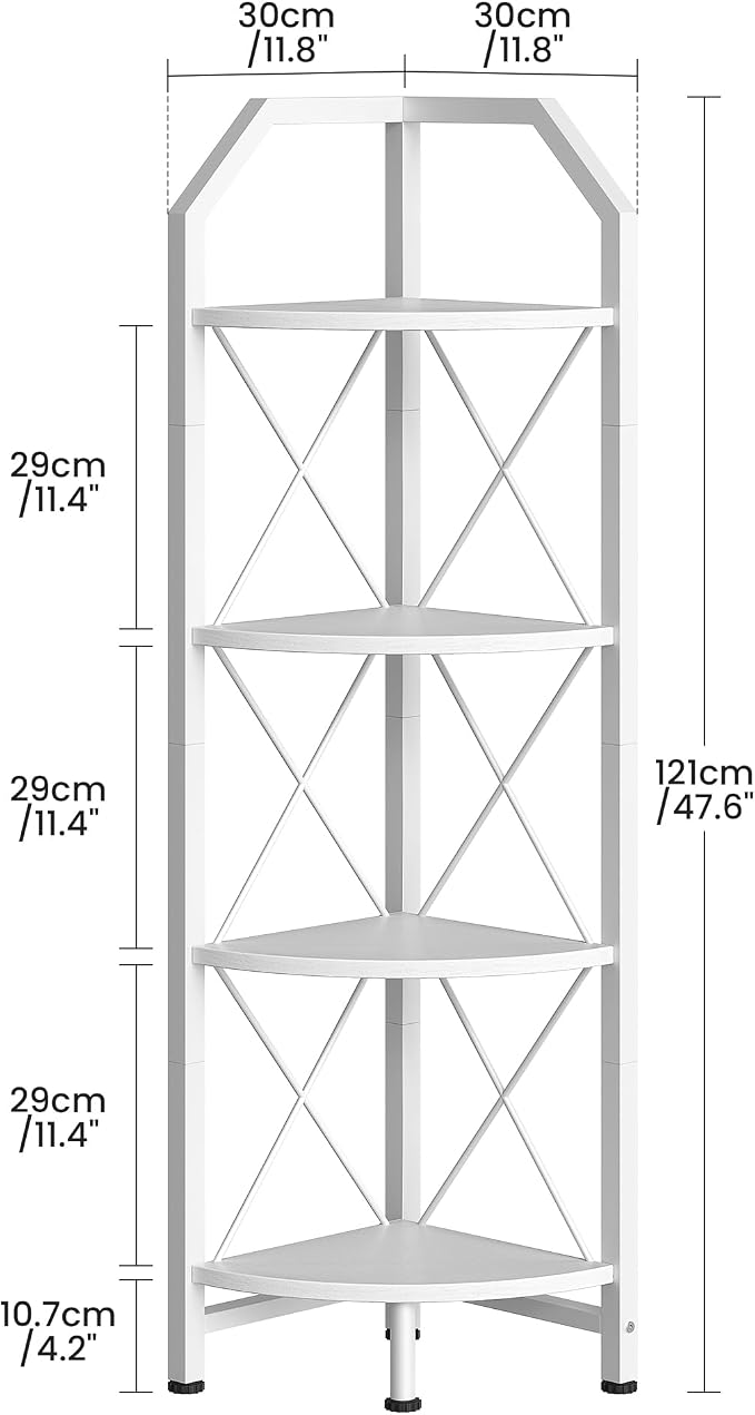 CHOEZON 4-Tier Corner Shelf, Industrial Corner Bookshelf, 47.6" Corner Storage Stand, Plant Stand Display Shelf, Corner Bookcase for Bedroom, Living Room, Home Office, White TCJ09WB