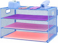 3 Tier Lettrer Tray Organizer, Metal Mesh Desk File Organizer with Sliding Trays, Paper Sorter Desk Organizer for Home Office School, Blue