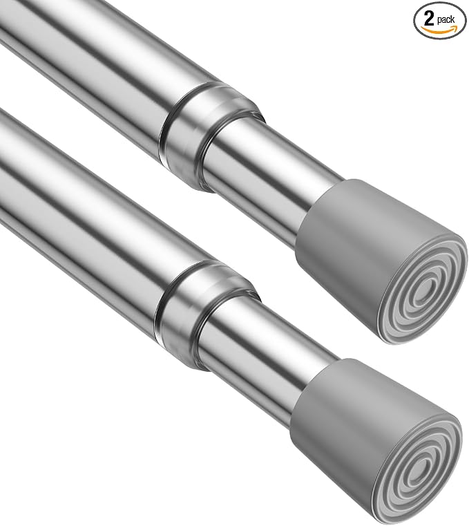 2 Pack Spring Tension Rods 26-39in, 5/8 Inch Diameter Silver No Drill Spring Loaded Adjustable Extendable, Small Short Tension Curtain Rod for Windows Kitchen Doorway Closet Cupboard