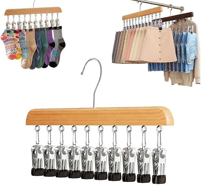 10/12-Clip Wooden Hanging Organizer, Sturdy Rack for Pants, Leggings, Socks, Hats, Scarves, Multi-Purpose Closet Storage for Home Use (1, Burlywood 10clip)