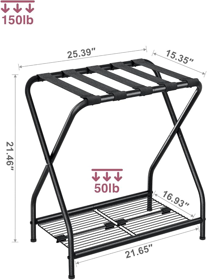 Set of 2 Foldable Black Luggage Rack Stands with Storage Shelves – Heavy Duty Metal Holders, 150 lbs Top, 50 lbs Bottom Each, Fits 20”-28” Luggage – Guest Room, Bedroom, Hotel LR-BK-2