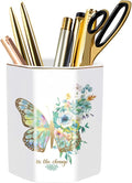 Pencil Pen Holder for Desk, Ceramic Cute Makeup Brush Holder, Desktop Supplies and Accessories for Women Students, Art Supply Caddy, Butterfly Pattern