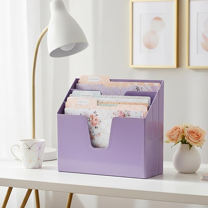 Acrimet Horizontal Triple File Folder Holder Organizer, Open Top Desktop Document Sorter for Letter Size Papers & Folders, Plastic (Solid Purple) | 3 compartments to separate and organize documents, folders and papers