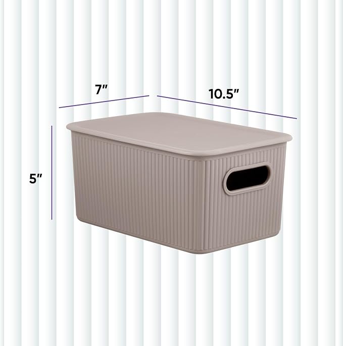 Decorative Plastic Basket Lidded Home Storage Bins Organizer Baskets, Medium Taupe (1 Pack - 5 Liter) Stackable Container Box, for Organizing Closet Storage Bins for Shelves - Ribbed Collection