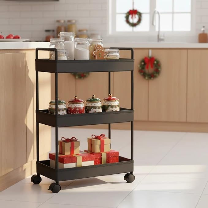 Ronlap 3 Tier Slim Rolling Storage Cart with Wheels Utility Organizer,Black | For bathroom, laundry, kitchen, bedside & dorm. Fits art, craft, snack, makeup, nail, diaper & postpartum baby supplies