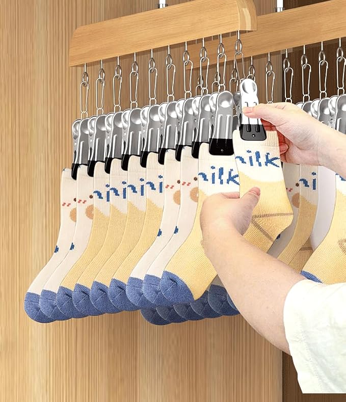 Wooden Closet Organizer Hanger with 12 Clips, Space Saving Hanging Organizer for Hats Scarves Jeans Skirts Socks Pants, 15 Inch, 360° Swivel Hook (2, Brown)