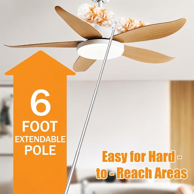 Gelibo 6ft Extendable Duster Handle with 5 Refills,Compatible with Swiffer,360°Rotating Ceiling Fan Dusters with Lock, Heavy Duty Microfiber Dusting Pads for Home Cleaning,Blinds,Hard-to-Reach Areas