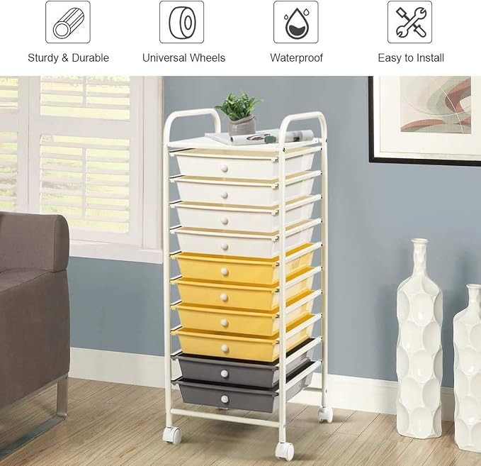 Happygrill 10-Drawer Storage Cart, Utility Cart with Removable Drawers & Metal Frame, Rolling Storage Cart with Lockable Wheels for Home, Office, Yellow