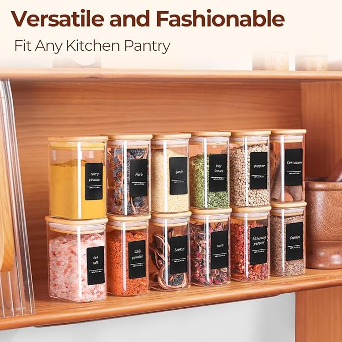 ComSaf Spice Jars 8oz Set of 6, Small Seasoning Containers with 9 Labels | Glass Spice Jars With Labels, Rectangle Small Jar, Spice Rack Organization, Loose Tea, Herbs, Powders, Dry Goods, BPA Free