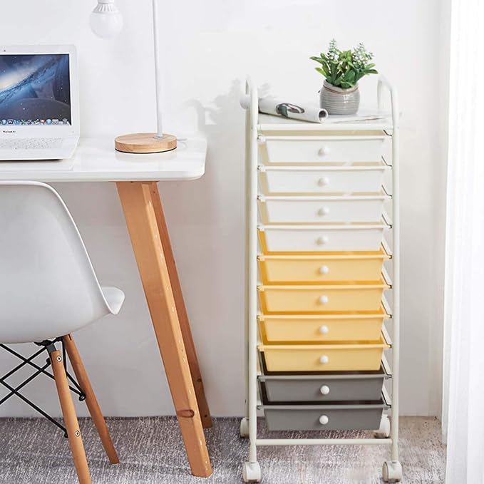 LDAILY 10-Drawer Rolling Storage Cart, Rolling Storage Cart, Storage Organizer on Wheels, Metal Frame, Scrapbook Paper Tools, Suitable for Office School, Classroom (Yellow, 10 Drawer)