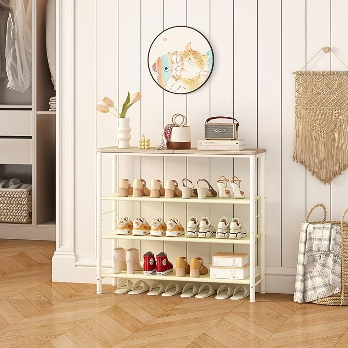 INGIORDAR Shoe Rack Storage Organizer with MDF Board Layer Fabric 6 Tier | Metal space-saving Shoe Shelf stores 16 Pairs of Shoes for Closet Entryway Bedroom Living Room Garage White
