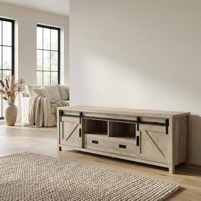 Furnifact Brown 2-Door TV Stand, Farmhouse Style, Engineered Wood, Distressed Pine Finish, Modern Design, Sturdy, Stylish for Living Room