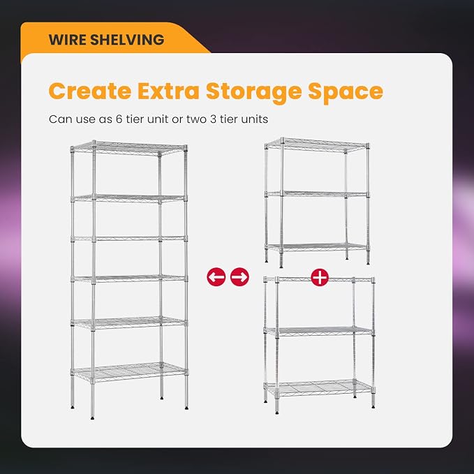 Meet perfect 6-Tier Wire Shelving Unit, 900LBS Heavy Duty Metal Storage Shelves, Adjustable Standing Rack Organizer for Kitchen Pantry Garage Laundry Room, 24" W x 14" D x 61" H