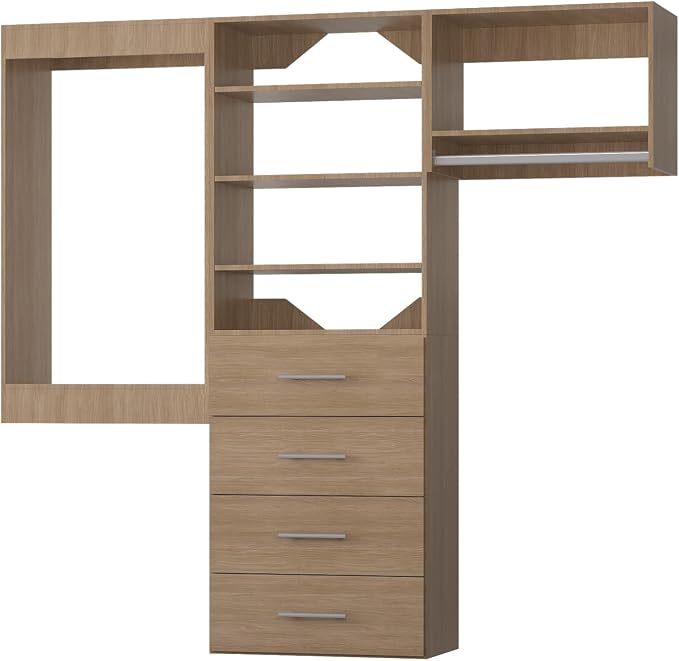 ROOMTEC Modular Closet System, 60" Wall Mounted Closet Organizer with Hanging Rods and Drawers, Modern Wooden Tower for Walk-In Closets, Wardrobe Storage Kit, Wood