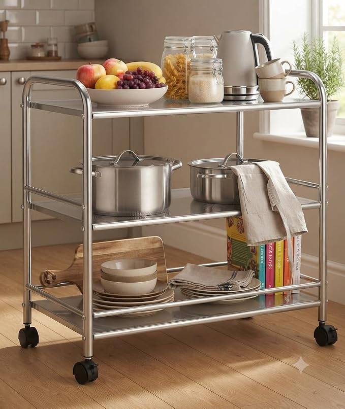 Heavy-Duty NSF 301 Stainless-Steel Rolling Cart – 3-Tier with White Protective Film & Locking Wheels | Commercial Wire Shelving for Kitchen