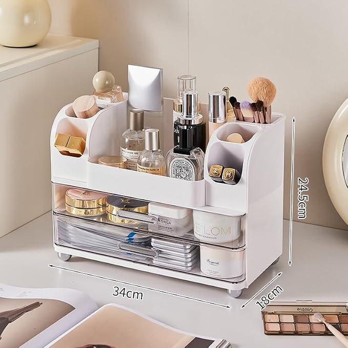 Large Makeup Organizer for Vanity - Perfume Cosmetic Display Cases | Skincare Organizers with 2 Drawers for Bathroom Dresser Desk, Easy to Store Brush Eyeshadow Lipstick Beauty Supplies, White