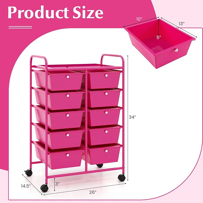 COSTWAY 10 Drawer Rolling Storage Cart, Utility Cart with Lockable Wheels | Mobile Art Supply Craft Organizer with Metal Frame, Multipurpose Drawer Cart for Paper for Office, School, Hot Pink