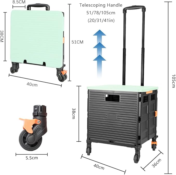 FELICON SELORSS Foldable Utility Cart Folding Portable Rolling Crate Handcart with Heavy Duty Telescoping Handle Collapsible 4 Rotate Wheels for Travel Shopping Move Luggage Office Use(Black+Green)