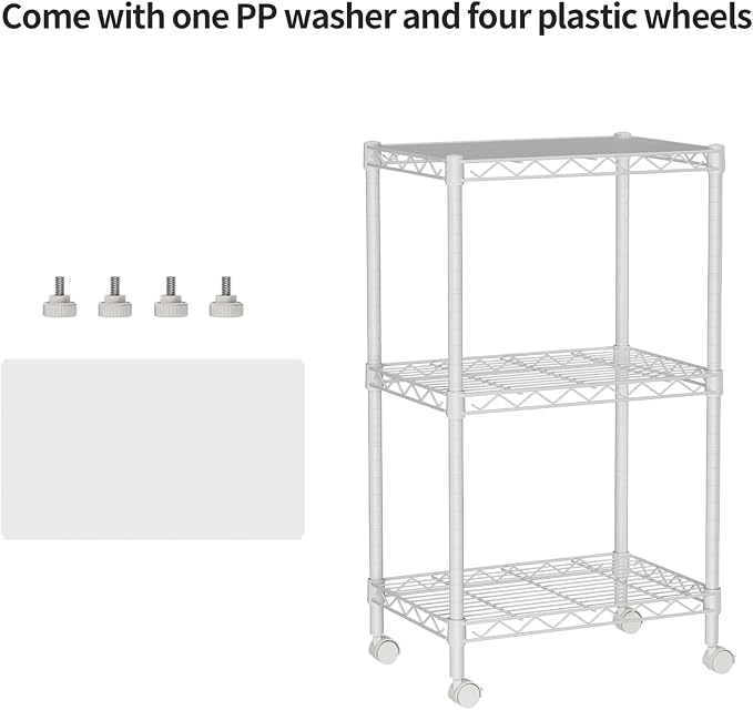 Golpart Small Shelves Storage Wire Metal Adjustable Shelf Unit with Wheels | 3 tier Shelving Organizers Storage Shelving for Bathroom Laundry Room Kitchen Pantry 11.7”D x 17.7”W x 30.7”H White