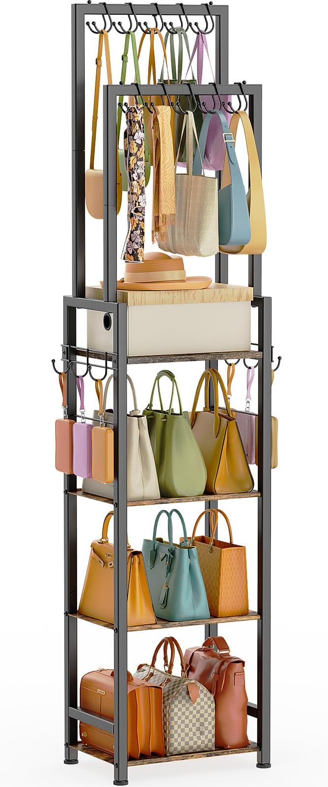 Tall Purse Organizer for Closet: 4-Tier Double Rods Purse Rack Stand,Black | With 10 Purse Hanger & 6 Side Hooks, Visible Backpack Handbag Storage, Space-Saving Narrow Purse Shelf for Small Space, Home
