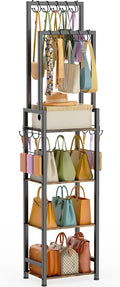 Tall Purse Organizer for Closet: 4-Tier Double Rods Purse Rack Stand,Black | With 10 Purse Hanger & 6 Side Hooks, Visible Backpack Handbag Storage, Space-Saving Narrow Purse Shelf for Small Space, Home