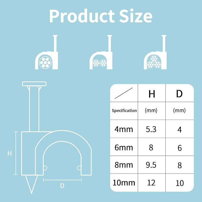 Abnii Cable Clips, 400 Pcs, 4mm 6mm 8mm 10mm, Wire Wall Clips with Steel Nails, Cable Management Organizer Clip, Cable Tacks Coax Holder Clip, RG6 RG59 CAT6 RJ45 Cable Cord Staples, Black