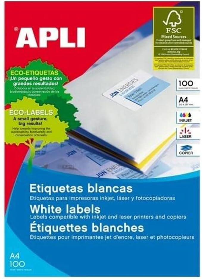 Apli 002671 - Box of 100 White Labels for Printer 210X148