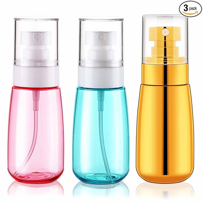 Cosywell Fine Mist Spray Bottle TSA Approved 3 Pack 2oz 60ml Leak Proof Travel Spray Bottle Empty Plastic Refillable Containers for Hair Perfume Toners Rose Water Cosmetics(Gold+Green+Pink)