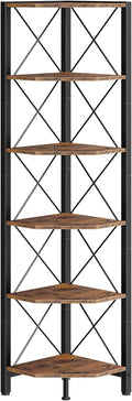 CHOEZON 6-Tier Corner Shelf, Corner Bookcase, 66.9" Tall Vertical Display Rack, Plant Stand, Open Storage Shelf, for Living Room, Bedroom, Study, Kitchen, Rustic Brown and Black TCJ13BF
