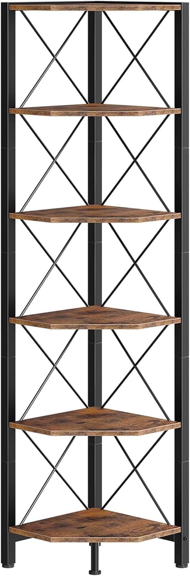 CHOEZON 6-Tier Corner Shelf, Corner Bookcase, 66.9" Tall Vertical Display Rack, Plant Stand, Open Storage Shelf, for Living Room, Bedroom, Study, Kitchen, Rustic Brown and Black TCJ13BF