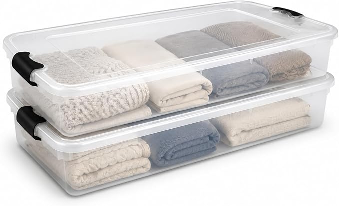 HOMZ 2-Pack Under Bed Storage, Clear Plastic Containers with Lids, 60 Quart, Gray Latch - Stackable Underbed Organizer Bins for Shoes, Bags, Clothes, and Towels