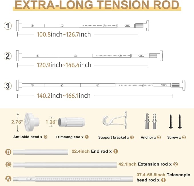 White Tension Curtain Rod 41-166In(4-14Ft), Extra Long Outdoor Curtain Rod No Drilling for Window Patio, Heavy Duty Shower Rodor for Bathroom,Rod Diameter 1.26In(2Pack)