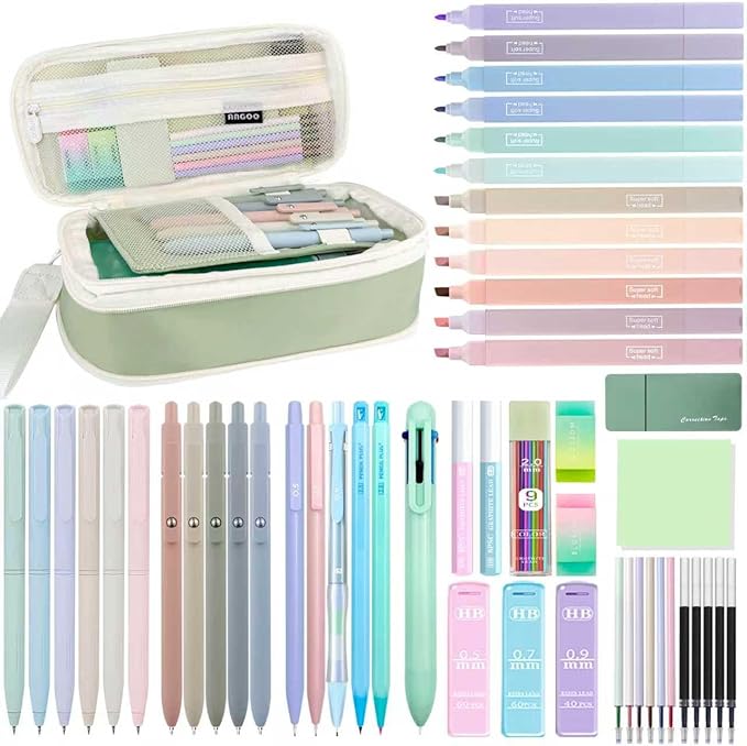 JIZHIYUAN 54PCS Aesthetic School Supplies with Large Pencil Case,12 Pastel Highlighters,5 Black & 6 Color Ink Gel Pens, 6-in-1 Ballpoint Pen,5 Mechanical Pencils 0.5-2.0mm Student Essentials (Green)