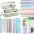 JIZHIYUAN 54PCS Aesthetic School Supplies with Large Pencil Case,12 Pastel Highlighters,5 Black & 6 Color Ink Gel Pens, 6-in-1 Ballpoint Pen,5 Mechanical Pencils 0.5-2.0mm Student Essentials (Green)