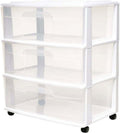 HOMZ Drawer Tower, 3-Tier Wide Rolling Storage Cart with Removable Wheels, White Frame – Plastic Organizer with Clear Bin Drawers for Bedroom, Bathroom, Home Office, and Dorm Room