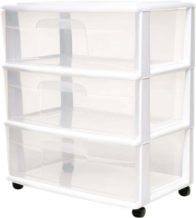 HOMZ Drawer Tower, 3-Tier Wide Rolling Storage Cart with Removable Wheels, White Frame – Plastic Organizer with Clear Bin Drawers for Bedroom, Bathroom, Home Office, and Dorm Room