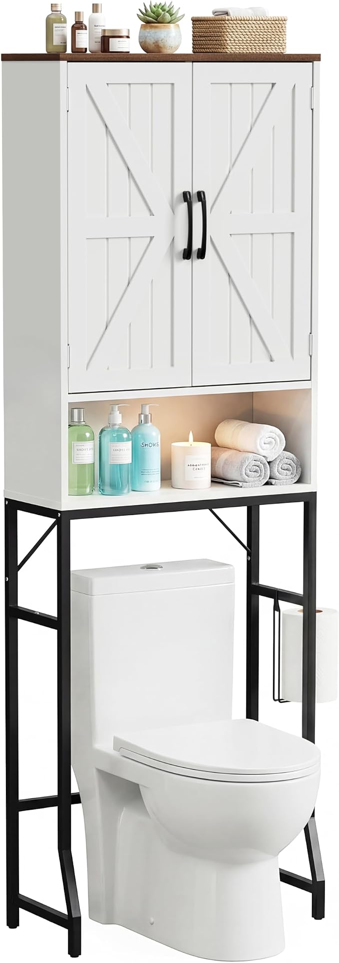 23.6" Over The Toilet Storage Cabinet with Barn Door,Bathroom Organizers and Storage with Adjustable Shelves, Farmhouse Over Toilet Organizer for Bathroom,Restroom,Laundry,White