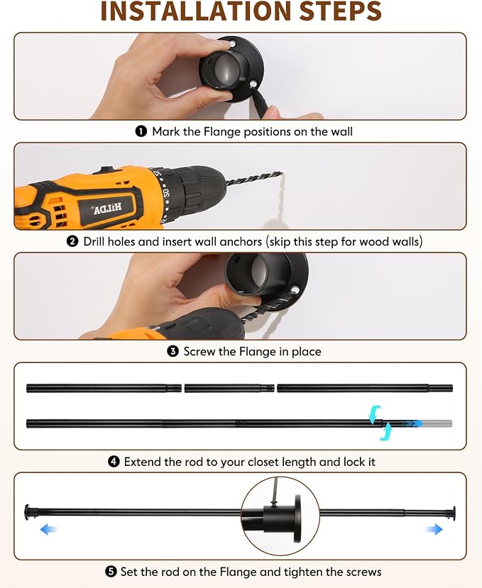 Closet Rods for Hanging Clothes, 18-92 Inch Stepless Adjustable Closet Rod, Heavy Duty Metal Closet Hanging Rod with Closed-Ring Brackets, Multi-Use Clothes Bar for Wardrobe Laundry Room RV, Black