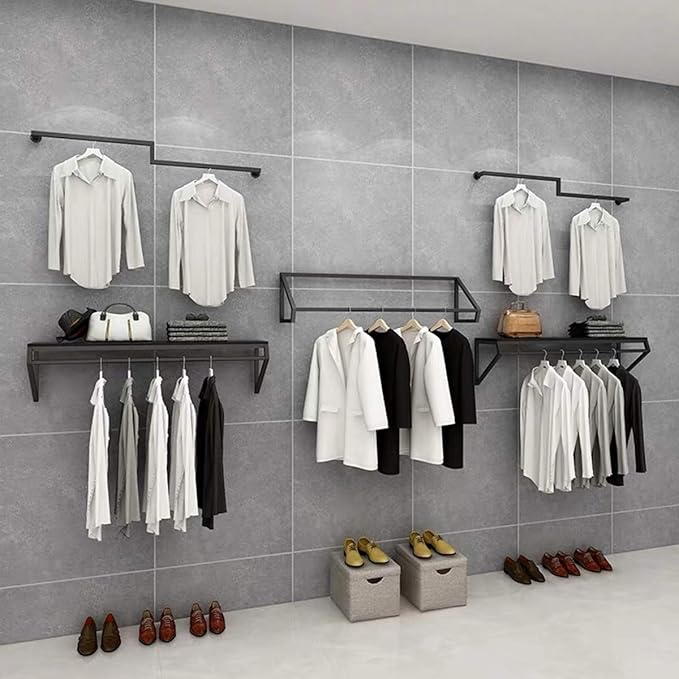 Modern Simple Men's and Women's Clothing Store Heavy Duty Metal Display Shelf,Wall-Mounted Garment Rack with Wood,Clothes Rail,Bathroom Hanging Towel Rack (Black Square Tube, B-57 L)