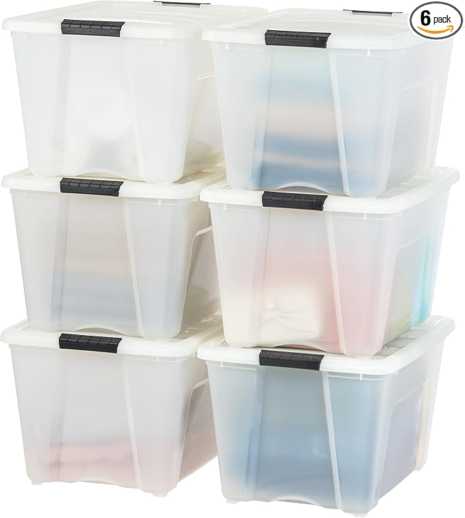 IRIS USA 54 Quart Stackable Plastic Storage Bins with Lids and Latching Buckles, 6 Pack - Pearl, Containers with Lids and Latches, Durable Nestable Closet, Garage, Totes, Tubs Boxes Organizing