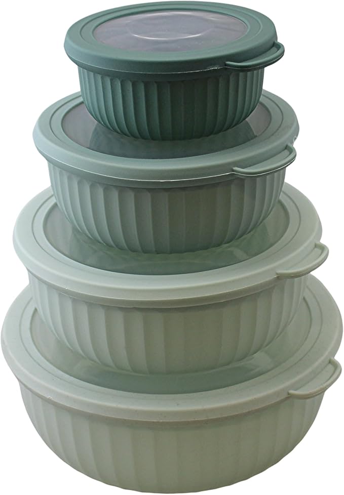 Set of 4 BPA-Free Round Food Storage Containers Vented Lids Assorted Sizes, Microwave & Freezer Safe Nesting Design for Leftovers Meal Prep Fridge Organization Dry Grains (Green)