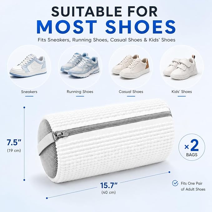 2 Pack Shoe Washing Machine Bag, Laundry Shoe Bag for Washer and Dryer, Reusable Shoe Cleaning Bag for Sneakers and All Shoes Types with Self-Locking Zipper(Pure White)